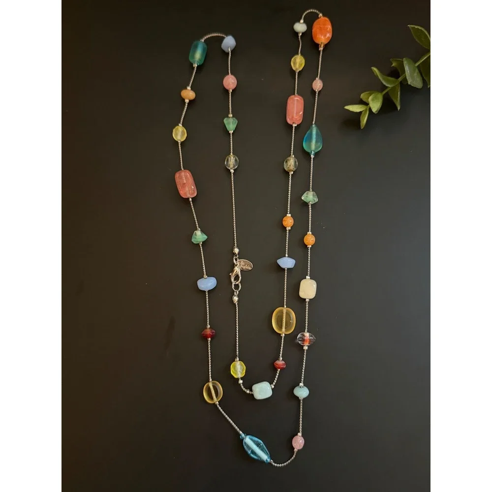 Lia Sophia Multi Color Bead Station Necklace Silver Tone Long 38 Inch Boho